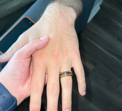 "Timberline" Deer Antler, Fishing Line & Whiskey Barrel Wood Wedding Band, Rustic Men's Ring