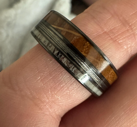 "Timberline" Deer Antler, Fishing Line & Whiskey Barrel Wood Wedding Band, Rustic Men's Ring