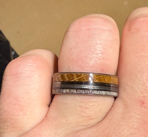 "Timberline" Deer Antler, Fishing Line & Whiskey Barrel Wood Wedding Band, Rustic Men's Ring