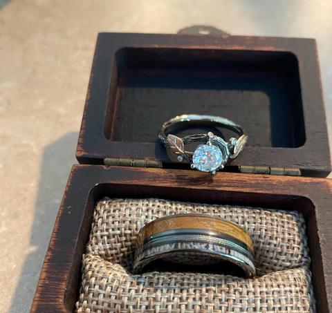"Timberline" Deer Antler, Fishing Line & Whiskey Barrel Wood Wedding Band, Rustic Men's Ring