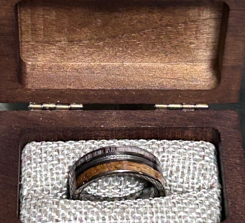"Timberline" Deer Antler, Fishing Line & Whiskey Barrel Wood Wedding Band, Rustic Men's Ring