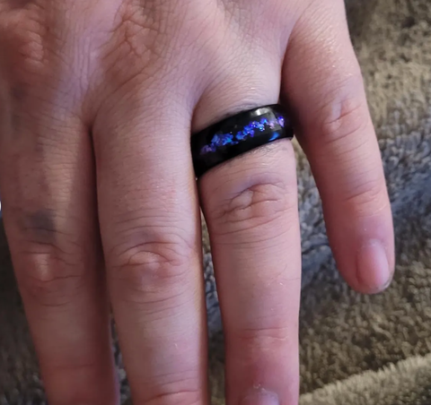 "Astronomer" Crushed Blue Sandstone Ring Inlay, Black Tungsten Carbide,Domed Design Galaxy Wedding Band, Men's Wedding Ring, 8mm
