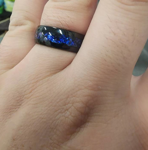"Astronomer" Crushed Blue Sandstone Ring Inlay, Black Tungsten Carbide,Domed Design Galaxy Wedding Band, Men's Wedding Ring, 8mm