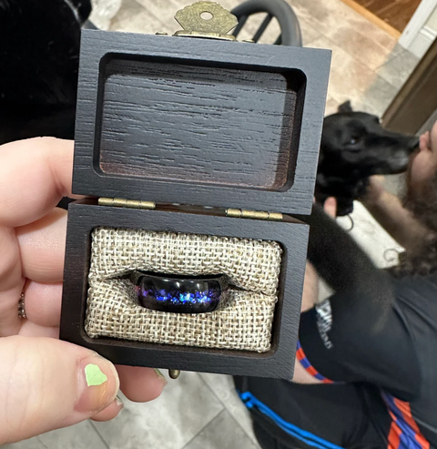 "Astronomer" Crushed Blue Sandstone Ring Inlay, Black Tungsten Carbide,Domed Design Galaxy Wedding Band, Men's Wedding Ring, 8mm