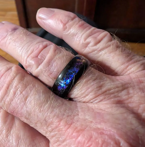 "Astronomer" Crushed Blue Sandstone Ring Inlay, Black Tungsten Carbide,Domed Design Galaxy Wedding Band, Men's Wedding Ring, 8mm