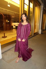 Banafsh - Embroidered Readymade Three Piece Shalwar Kameez in Plum with Organza Dupatta