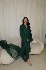 Sehra - Readymade Chikankari Three Piece Shalwar Kameez in Dark Green with Matching Organza Dupatta and Floral Detailing