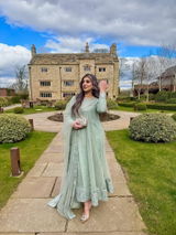 Sahar - Embroidered Readymade Three Piece Stitched Flare Suit in Pistachio Green with Dupatta