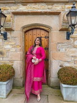 Anbari - Embroidered Readymade Three Piece Shalwar Kameez in Fuschia Pink with Golden Embellishments