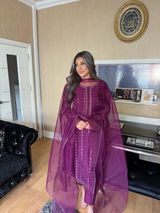 Banafsh - Embroidered Readymade Three Piece Shalwar Kameez in Plum with Organza Dupatta