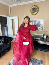Aatish - Readymade Chikankari Three Piece Shalwar Kameez in Red with Matching Organza Dupatta and Detailing