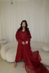 Aatish - Readymade Chikankari Three Piece Shalwar Kameez in Red with Matching Organza Dupatta and Detailing