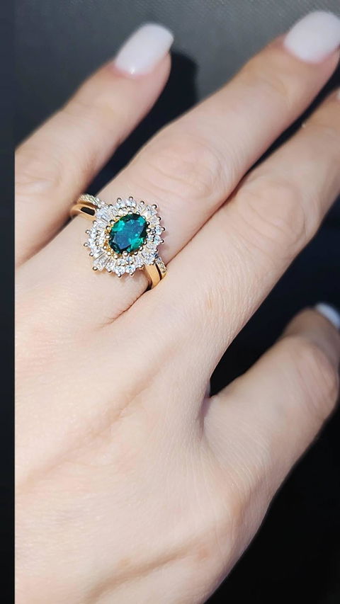 Art deco Green Oval Lab Emerald Halo Engagement Ring