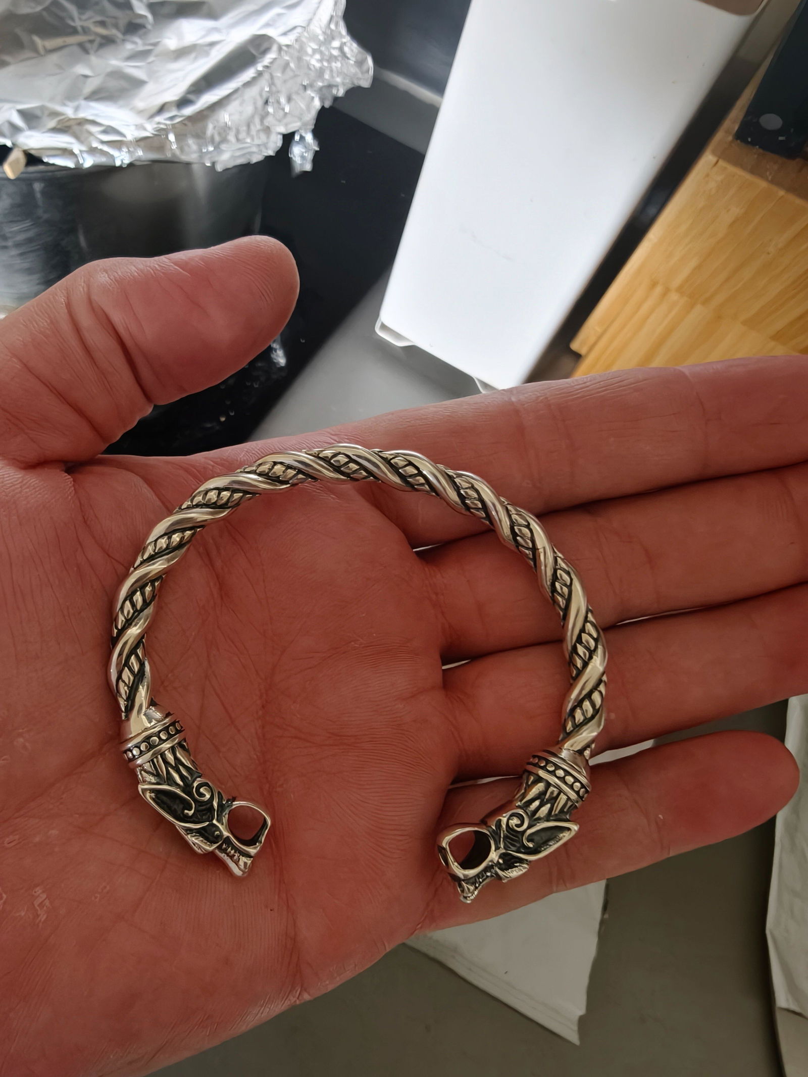 Viking Wolf Head Torque Bracelet – 925 Sterling Silver Norse Arm Ring