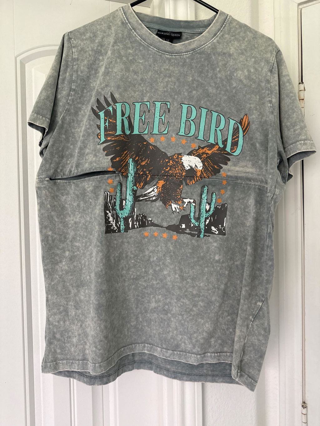 Cotton Oversized Free Bird Graphic Nursing Tee- Stonewash Gray 2.0