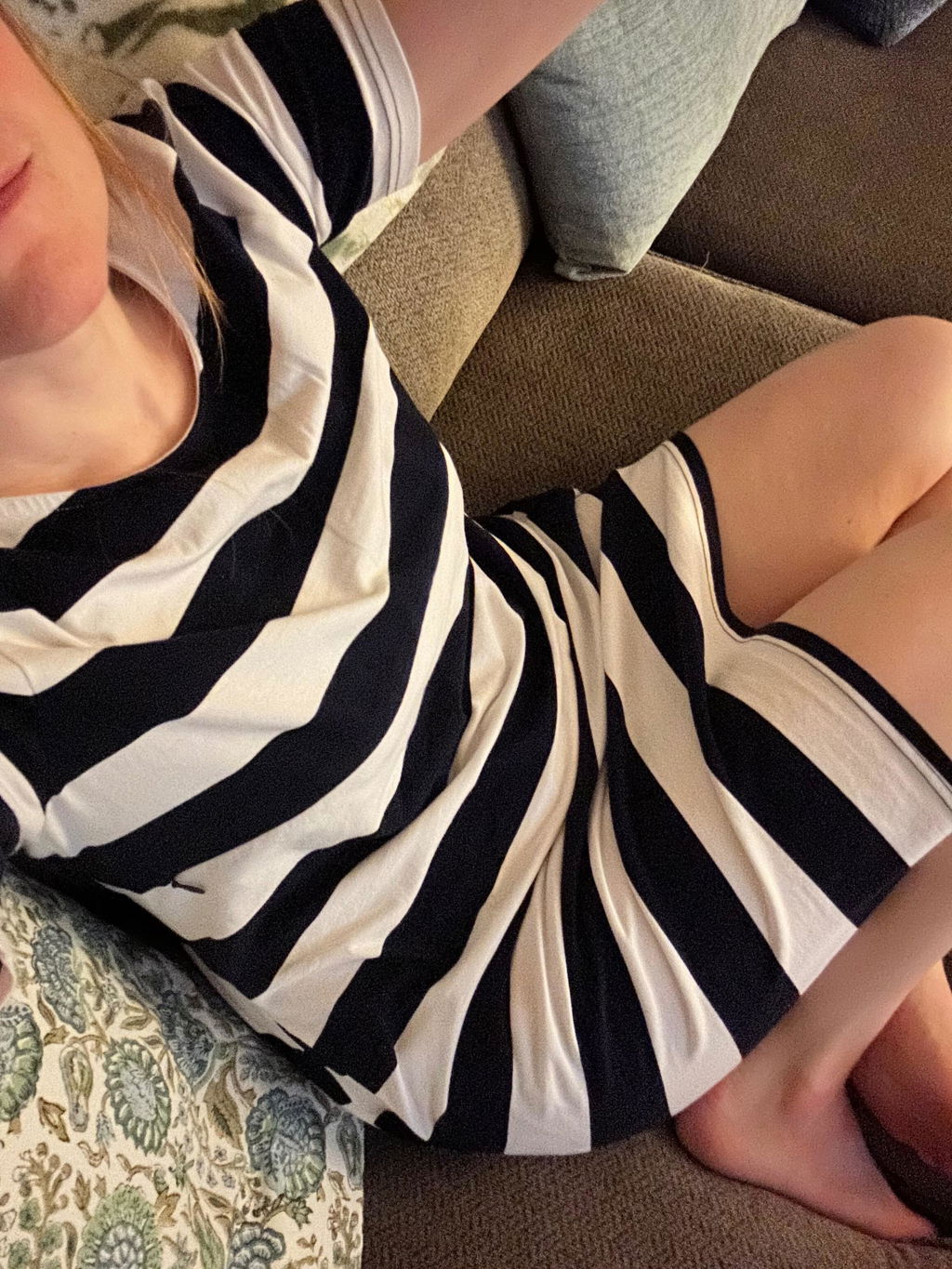Cotton Nursing Dress With Pockets- Hidden Zipper - WIDE Stripe - Navy/White