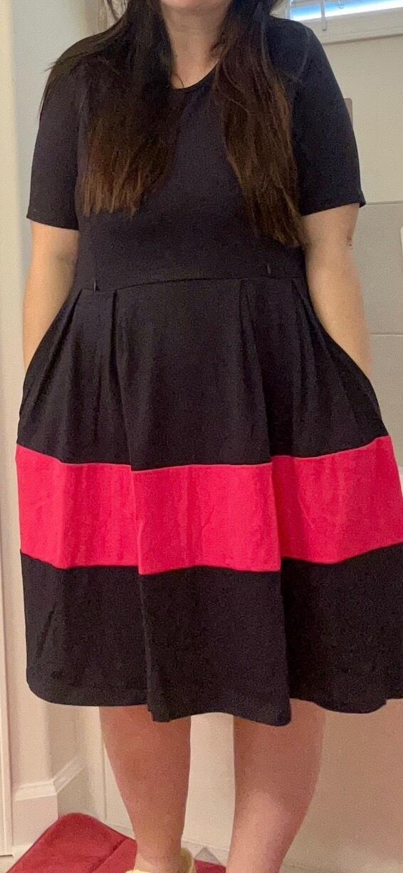 Fit and Flare Short Sleeve Nursing Dress - Navy/Pink Stripe