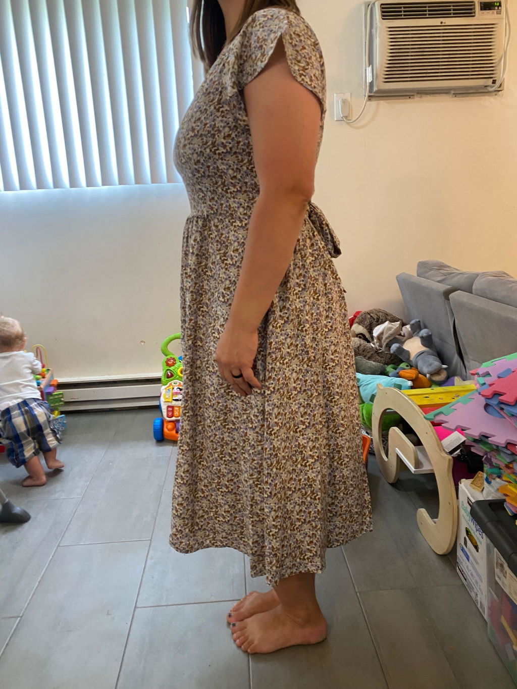 Belted Nursing Midi with Pockets- Beige Floral