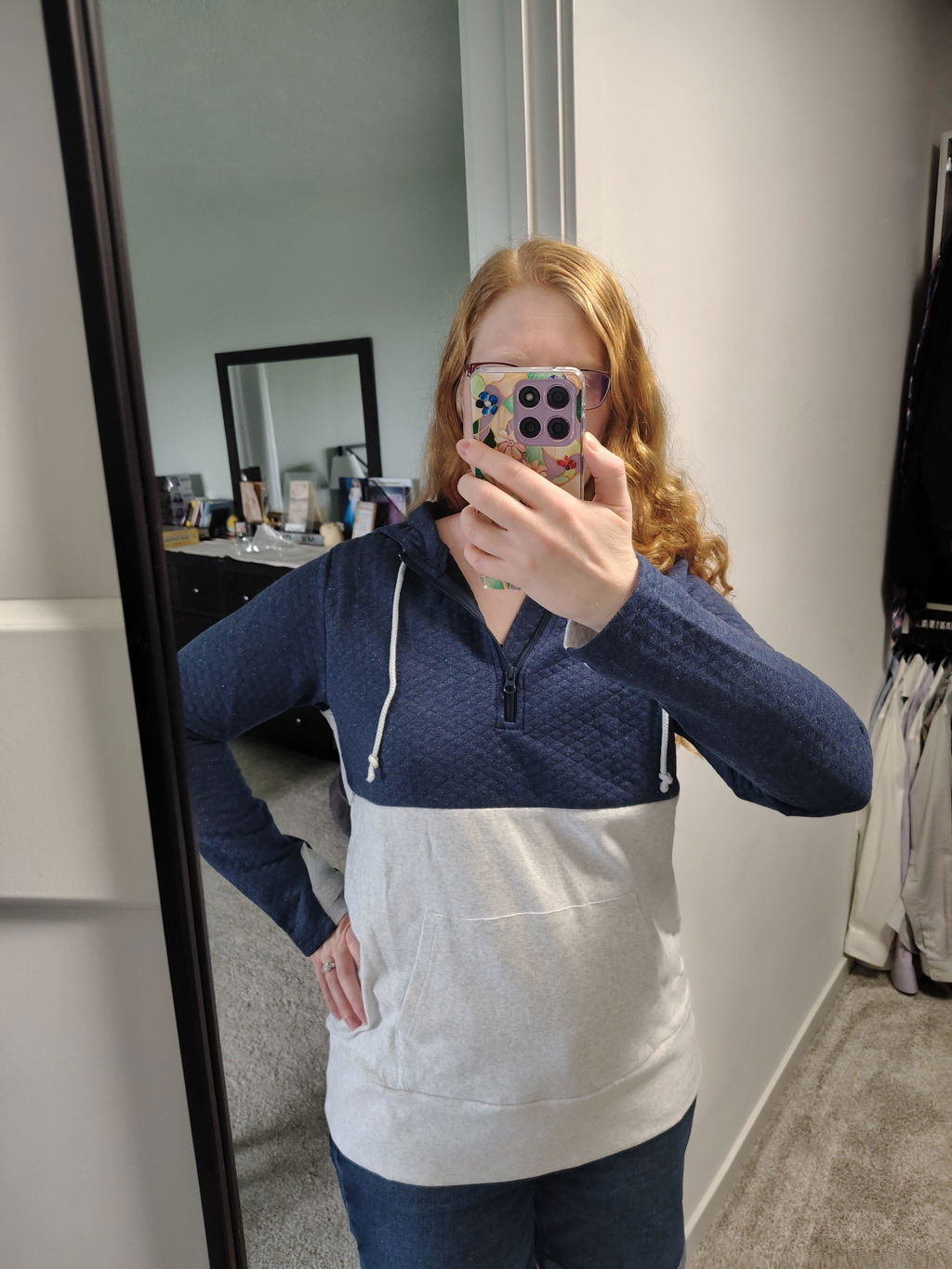 Nursing Hoodie - Quarter Zip - Hidden Zipper - Blue Waffle