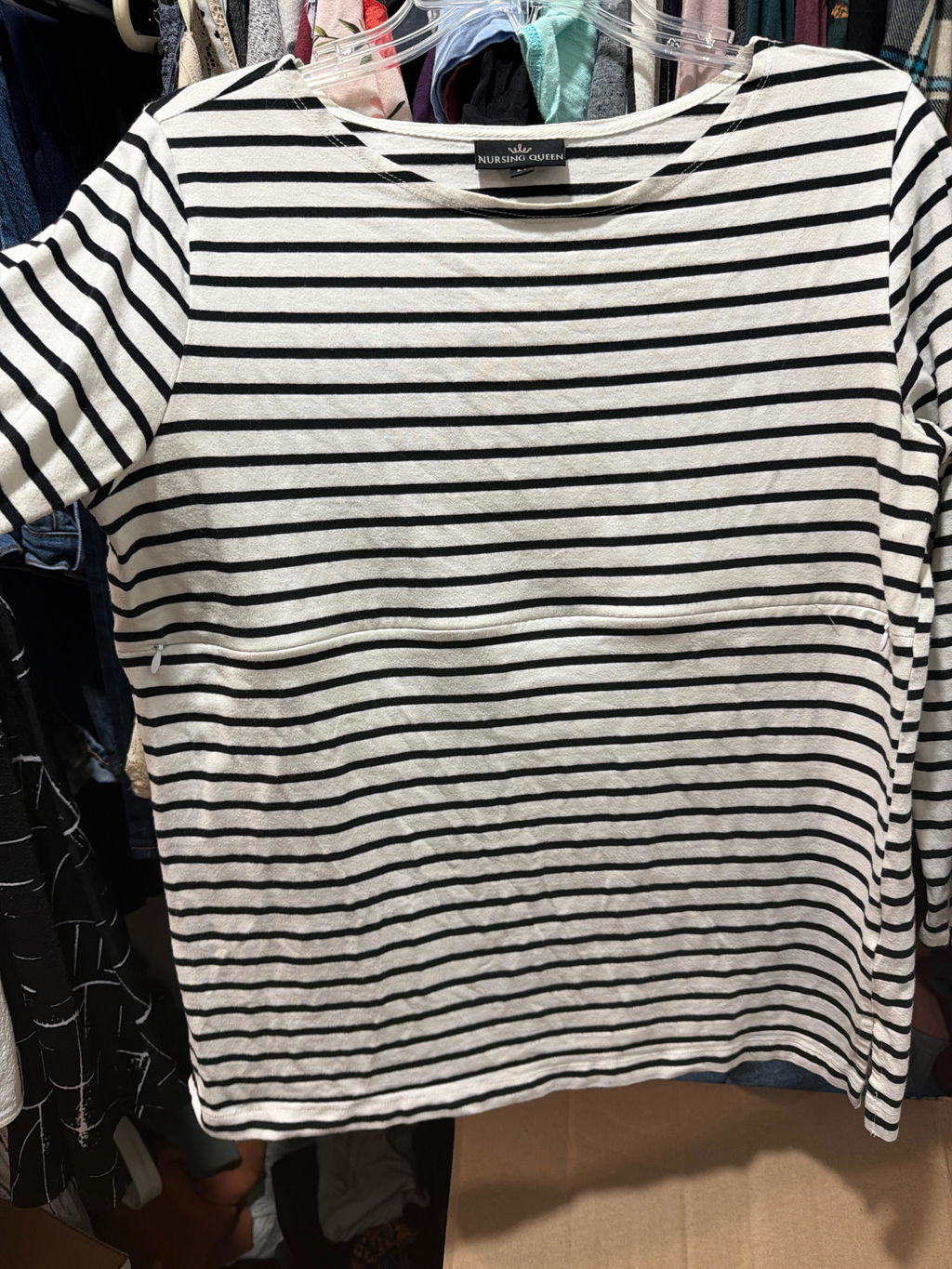 Cotton Striped Nursing Top - 3/4 Sleeves With Hidden Zipper- Black/White