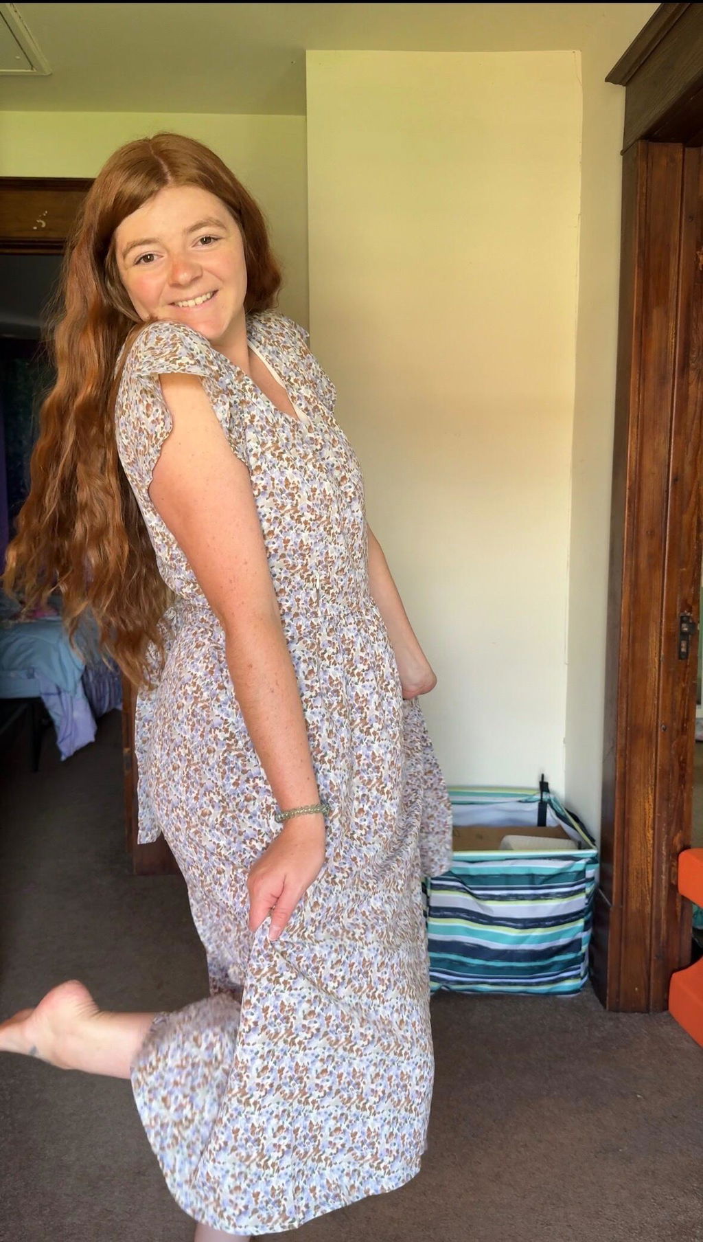 Belted Nursing Midi with Pockets- Beige Floral