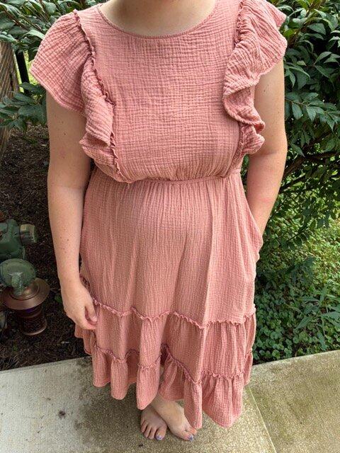 Cotton Gauze Ruffle Midi Dress- Terracotta