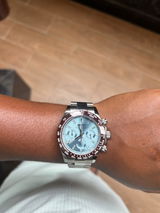 Seikona Acier Cadran Bleu Ciel Arabic Dial Lunette Sertie De Pierre Baguette