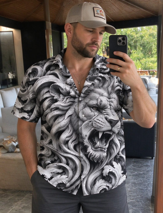 Oceanlyte Men's Graphic 3D Carved Lion Head Print Short Sleeve Shirt with Chest Pocket