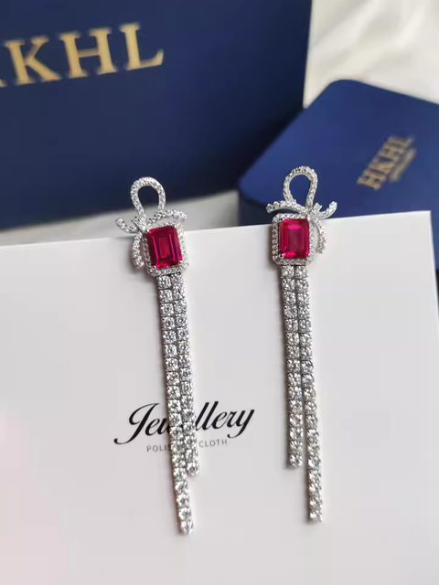 S925 Silver Ruby Bowknot Long Tassel Rectangular Earrings
