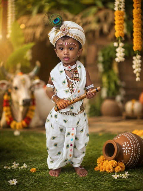 Baby Boy Feather Print Cotton Krishna Costume for Janmashtami Celebrations and Pooja