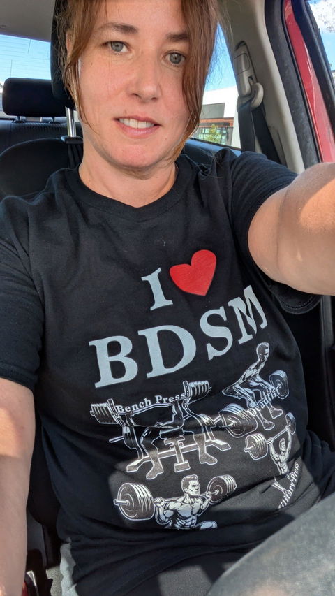 Kiki J wearing I love BDSM (bench press, deadlift, squats, military press) T-Shirt