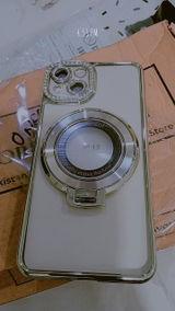 iPhone 13 Cover - Silver - Luxury Diamond Rhinestones Color Electroplating Borders Magsafe Magnetic Stand Holder Soft Clear Case With Camera Protection
