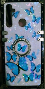 Realme 5i Cover - Design6 - Trendy Holographic Design Golden Square Case with Matching Bling Ring Holder