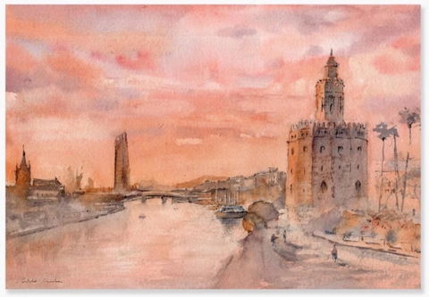 Atardecer en Torre del Oro – Lámina de acuarela de Sevilla