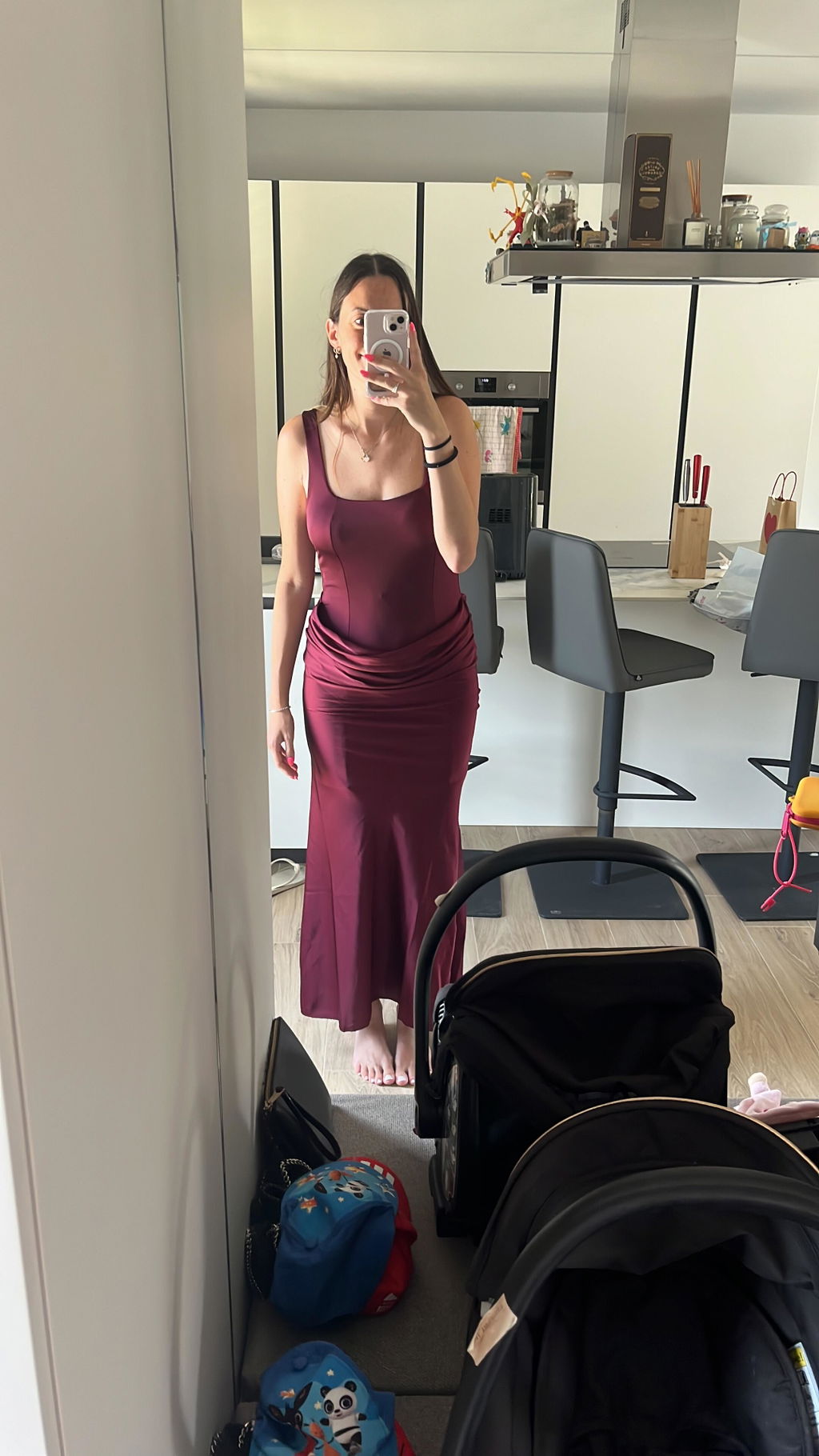 Abito Lungo con Gonna Satin Burgundy