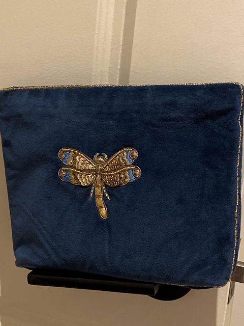 Velvet Hand Embroidered Dragonfly Pouch  Navy Blue with removable strap