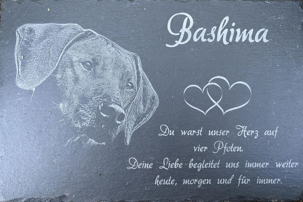 Personalisierter Schiefer Tiergrabstein 30x20cm - Foto Lasergravur