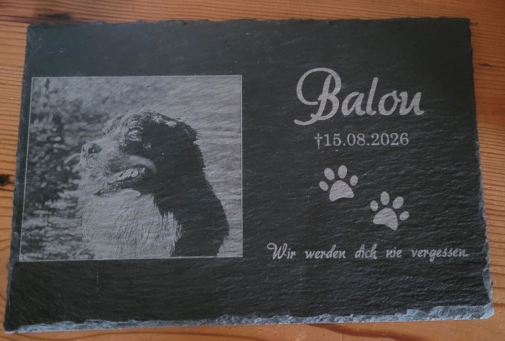 Personalisierter Schiefer Tiergrabstein 30x20cm - Foto Lasergravur
