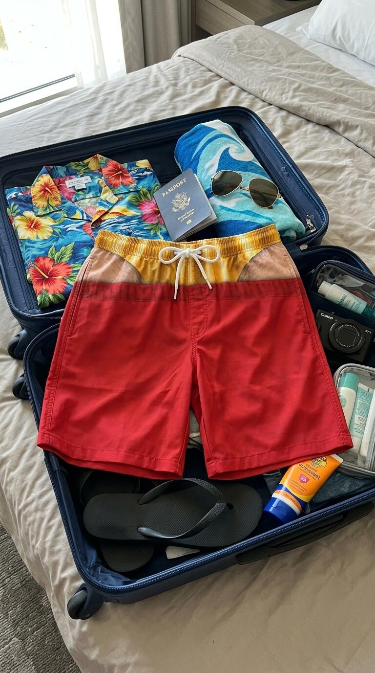 Red and blue personalized swim trunks