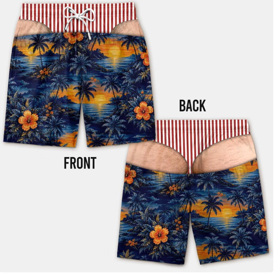 Blue and orange personalized swim trunks