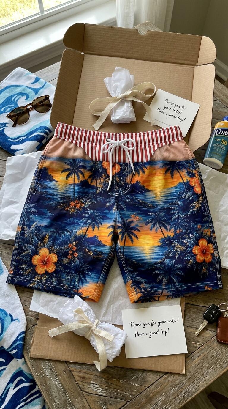 Orange and blue personalized swim trunks
