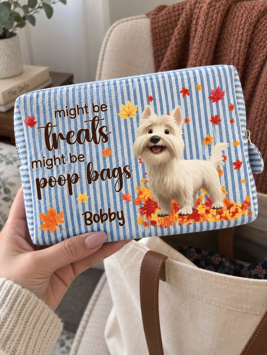 Dog With Fall Leaves - Personalized Seersucker Print Makeup Bag