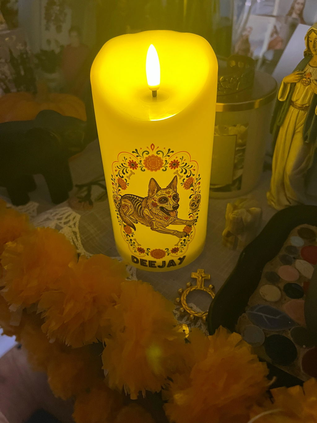 Custom Pet Photo Hispanic Style For Dog Lovers • Pet Portrait Day Of The Dead - Personalized LED Candle