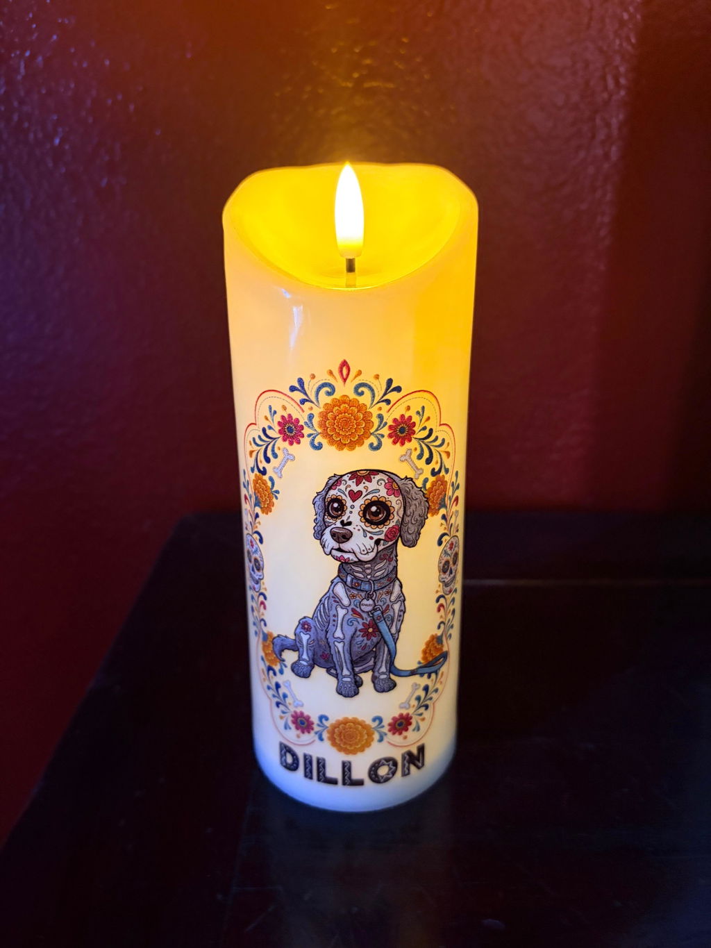 Custom Pet Photo Hispanic Style For Dog Lovers • Pet Portrait Day Of The Dead - Personalized LED Candle