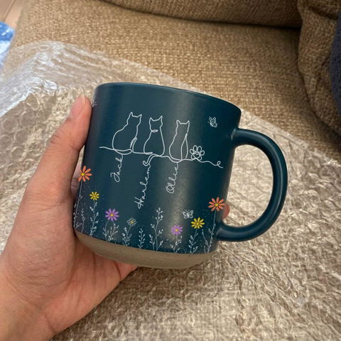 My Heart Belongs To These Cats - Personalized Pottery Mug, Gift For Cat Lovers, Boho Floral Line Art Cat