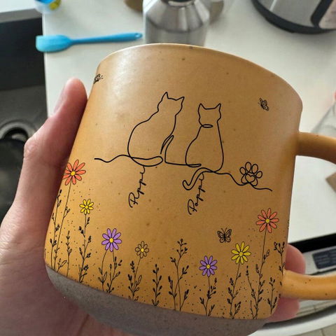 My Heart Belongs To These Cats - Personalized Pottery Mug, Gift For Cat Lovers, Boho Floral Line Art Cat