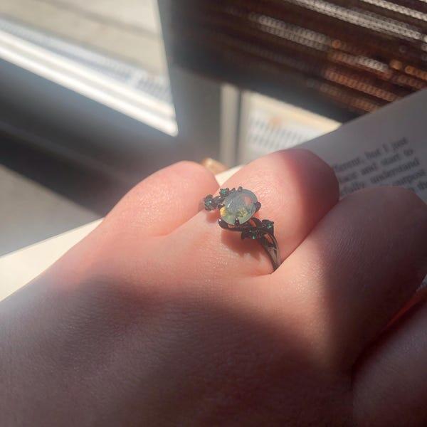 Unique black gold moss agate ring set Nature Inspired aquatic agate engagement ring vintage cluster emerald Leaf wedding ring set for women