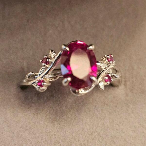 Nature Inspired Leaf ruby ring set black gold branch twig lab ruby engagement ring women unique July birthstone wedding ring set for women