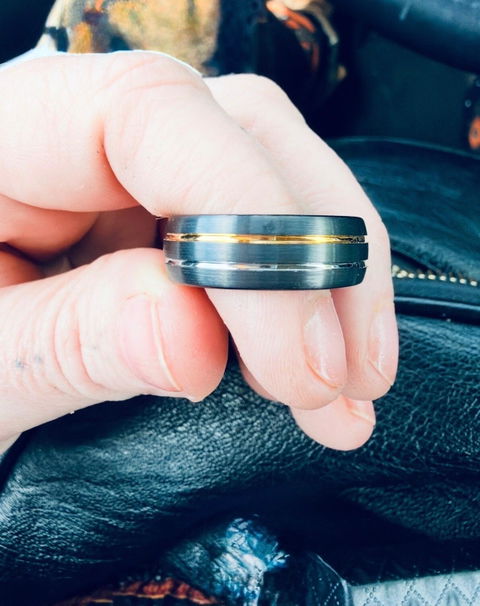 14K Gold Wedding Band Black Ring 8mm Two Tone Tungsten Mens Wedding Band Yellow Gold Ring