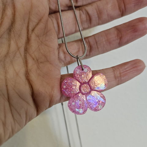 Cute Pink Flower Resin Necklace with Glitter